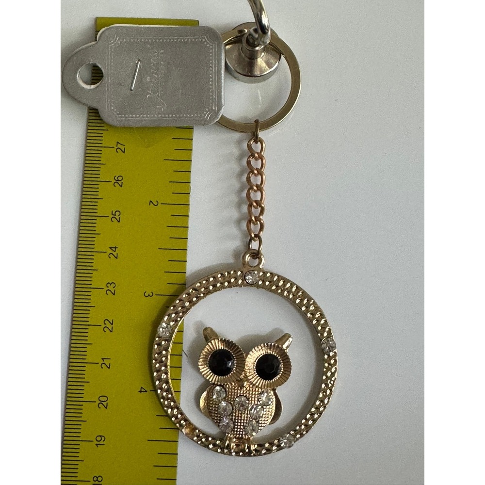 Gold Tone Owl Keychain Rhinestone Accents Black Eyes Whimsical Bag‎ Charm